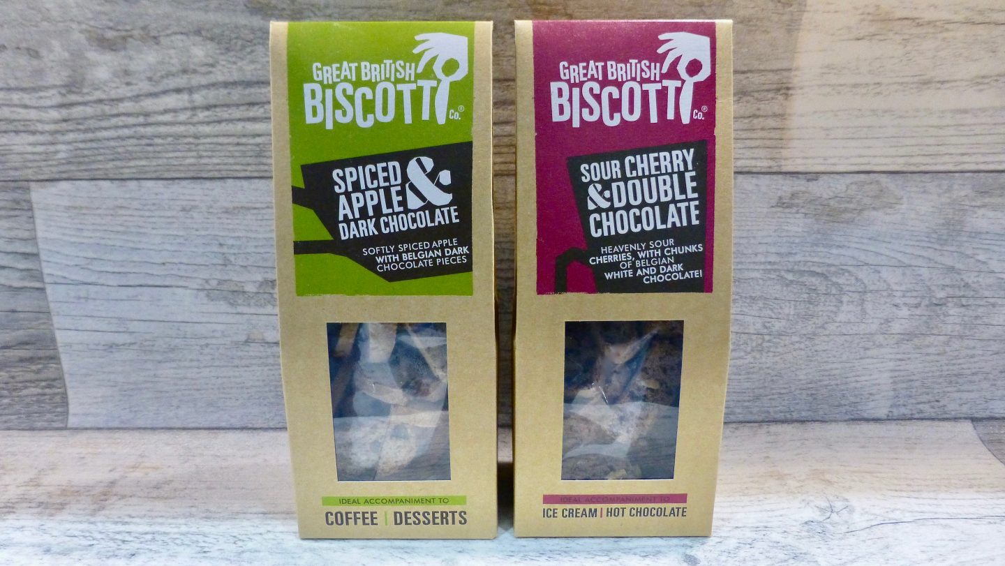 Great British Biscotti Co Spiced Apple and Dark Chocolate and Sour Cherry and Double Chocolate Biscotti